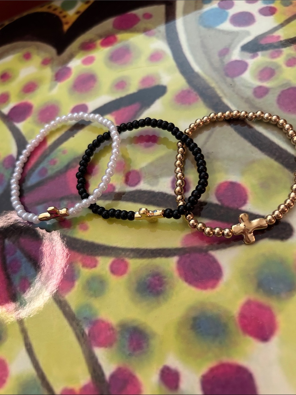 Gold Cross Beaded Stretch Bracelet - White, Black, and Gold Sets